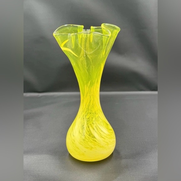 Source Unknown Other - Vintage MCM Yellow Hand Blown Art Glass Vase Swirled Swung Ruffled Rim 7.5”T